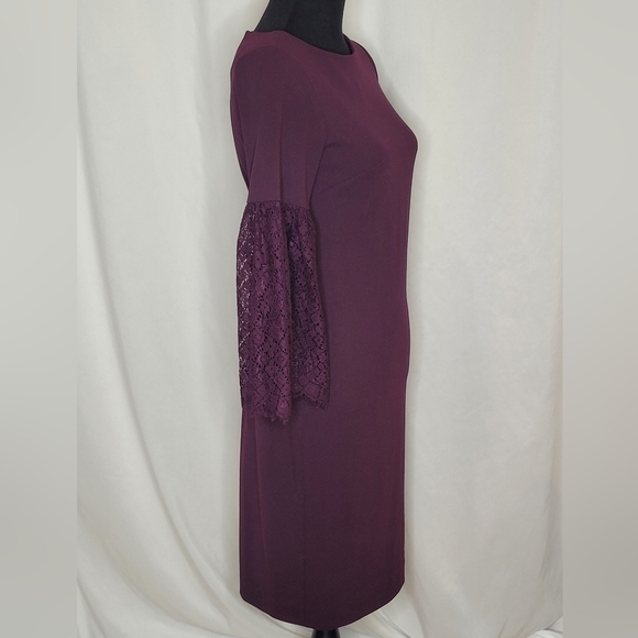 Calvin Klein Eggplant Boat Neck Lace Bell Sleeves Sheath Dress - Size 2 - Picture 4 of 10